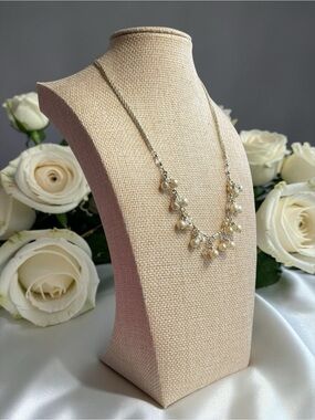 Ivory Faux Pearl & Crystal Fringe Necklace Silver Tone Double Chain